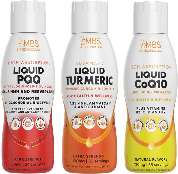 Three Pack Bundle of Liquid Turmeric, CoQ10, and PQQ