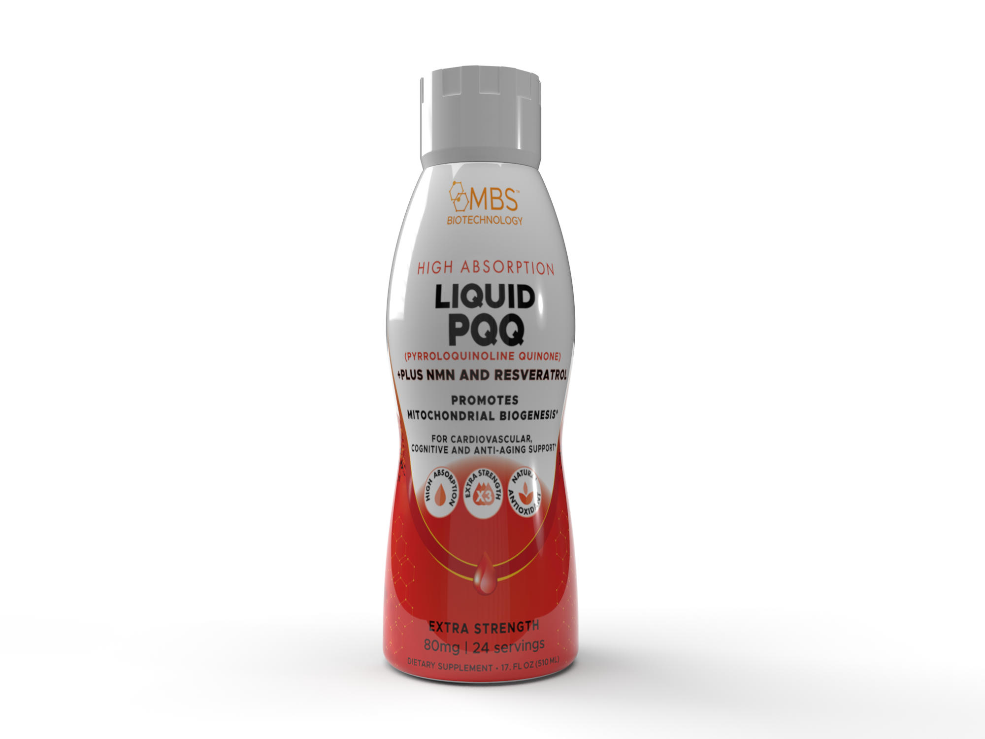 Liquid PQQ bottle with label promoting cardiovascular and cognitive health.