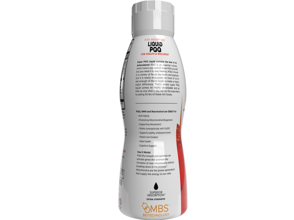 PQQ bottle Liquid formula with NMN and label showing benefits of PQQ