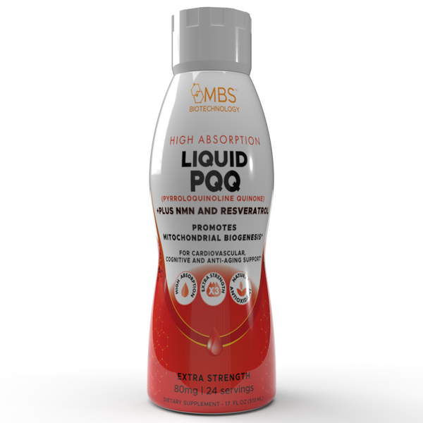 White background bottle of liquid PQQ supplement with shadows