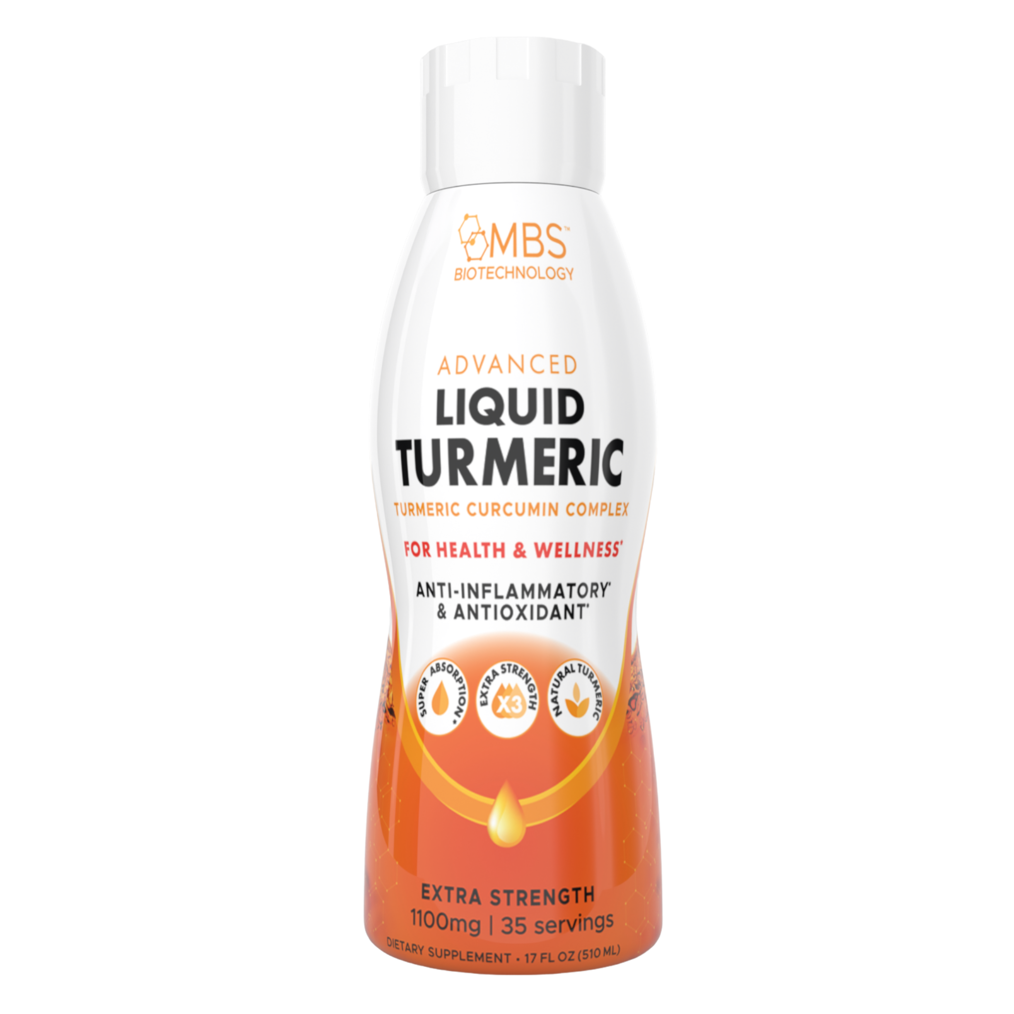 Liquid Turmeric front of bottle with features and benefits of turmeric for anti-inflammatory